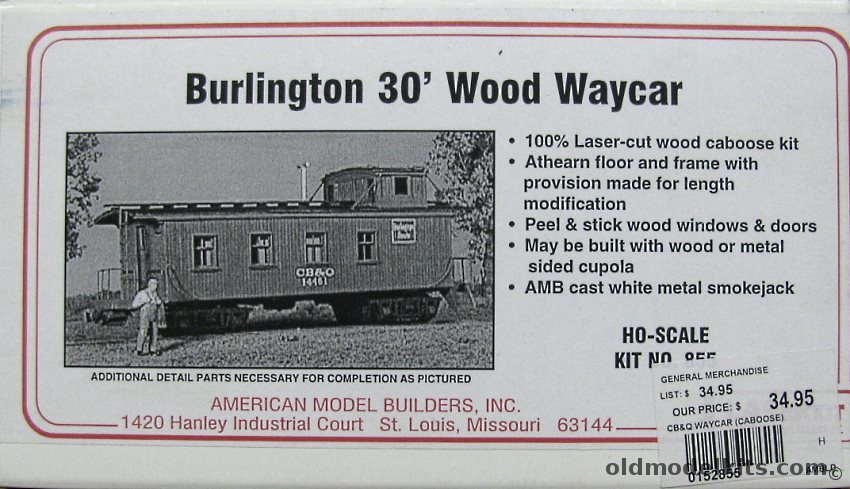 American Model Builders 1/87 Burlington 30 Foot Wood Waycar (Caboose) - HO Scale Craftsman Kit, 855 plastic model kit